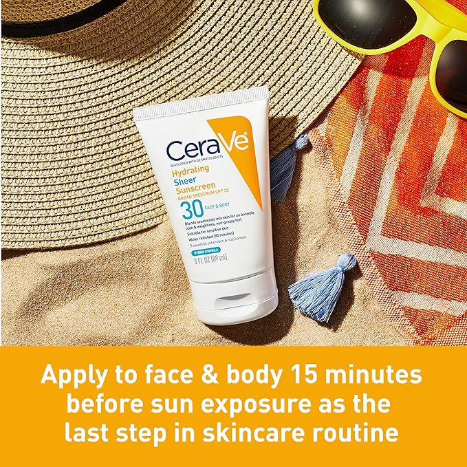 CeraVe Hydrating Sheer Sunscreen with SPF 30 for Face and Body,Mineral&Chemical Sunscreen for Men&Women with Zinc Oxide,Hyaluronic Acid and Ceramides,Paraben-Free + Fragrance-Free,5 Ounces,(Pack of 2)