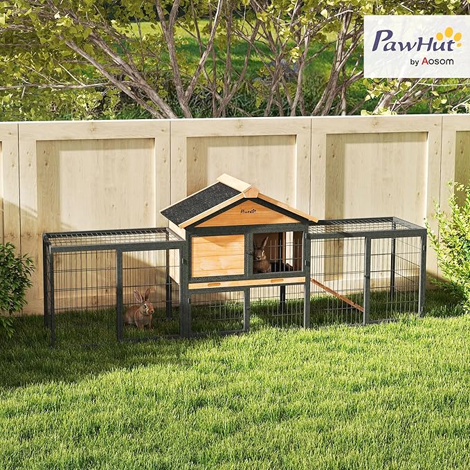 PawHut Rabbit Hutch Outdoor, 85" Large Wooden Bunny Cage with Steel Run, Removable Tray, Waterproof Roof, Ramp, Metal Guinea Pig Cage for 2-3 Small Animals, Rabbits, Chickens, Ducks, Backyard Garden