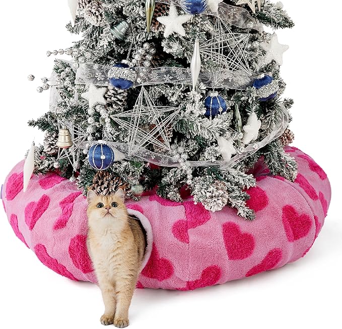 Lesure Cat Tunnel Bed for Indoor Cats - Cute Cat Donut Tunnel Toys with Washable Circle Cushion, Round Pet Peekaboo Cave Toy for Kitten/Puppy/Rabbit, Standard Pink Hearts